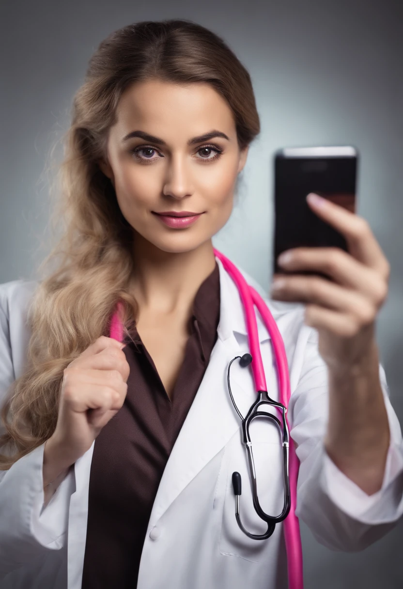Uma bela garota de cabelo longo cacheado , Take a selfie in your lab coat and with your pink stethoscope around your neck