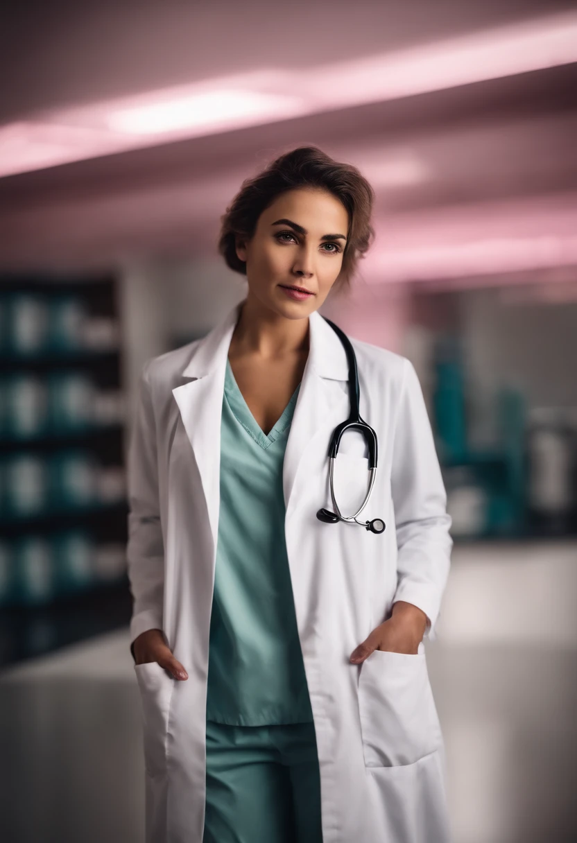 A woman in a lab coat standing in a hospital hallway - SeaArt AI