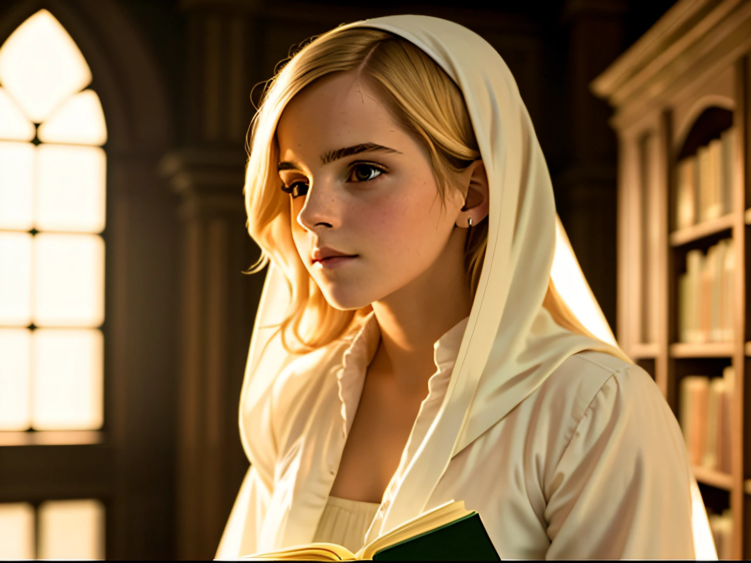 Blonde woman looking for a book in the library, film still of emma watson, film still of emma watson, Emma Watson(Blonde Aphrodite), Emma Watson: Dryada, Emma!! Watson!!, Full body photo of Emma Watson, is standing、Emma Watson, Portrait of Emma Watson, photo of emma watson, karol bak of emma watson nun