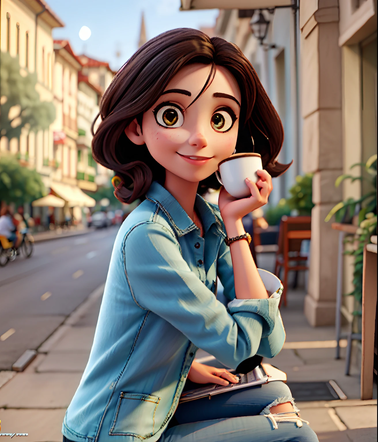 Beautiful Brazilian woman sitting and drinking coffee outside on the side of the street in a small café, beautiful face, Short black hair down to the nape of her neck with brown eyes and heavy eyeshadow, Wearing jeans and a black polo shirt, grande estilo de moda, looking at you with loving eyes and a soft smile, Background is a European city of the city center, fundo desfocado, profundidade de campo rasa, Cinematic light, luz suave, retroiluminado, micro-detalhes, renderizado, fotorrealista, cinemactic, 85mm 1.4