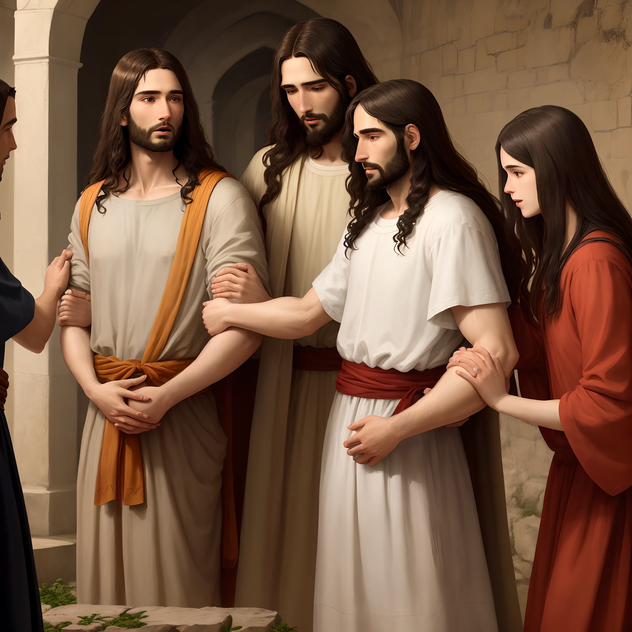 Mas Jesus ,Taking him by the hand, o ergueu, e ele se levantou