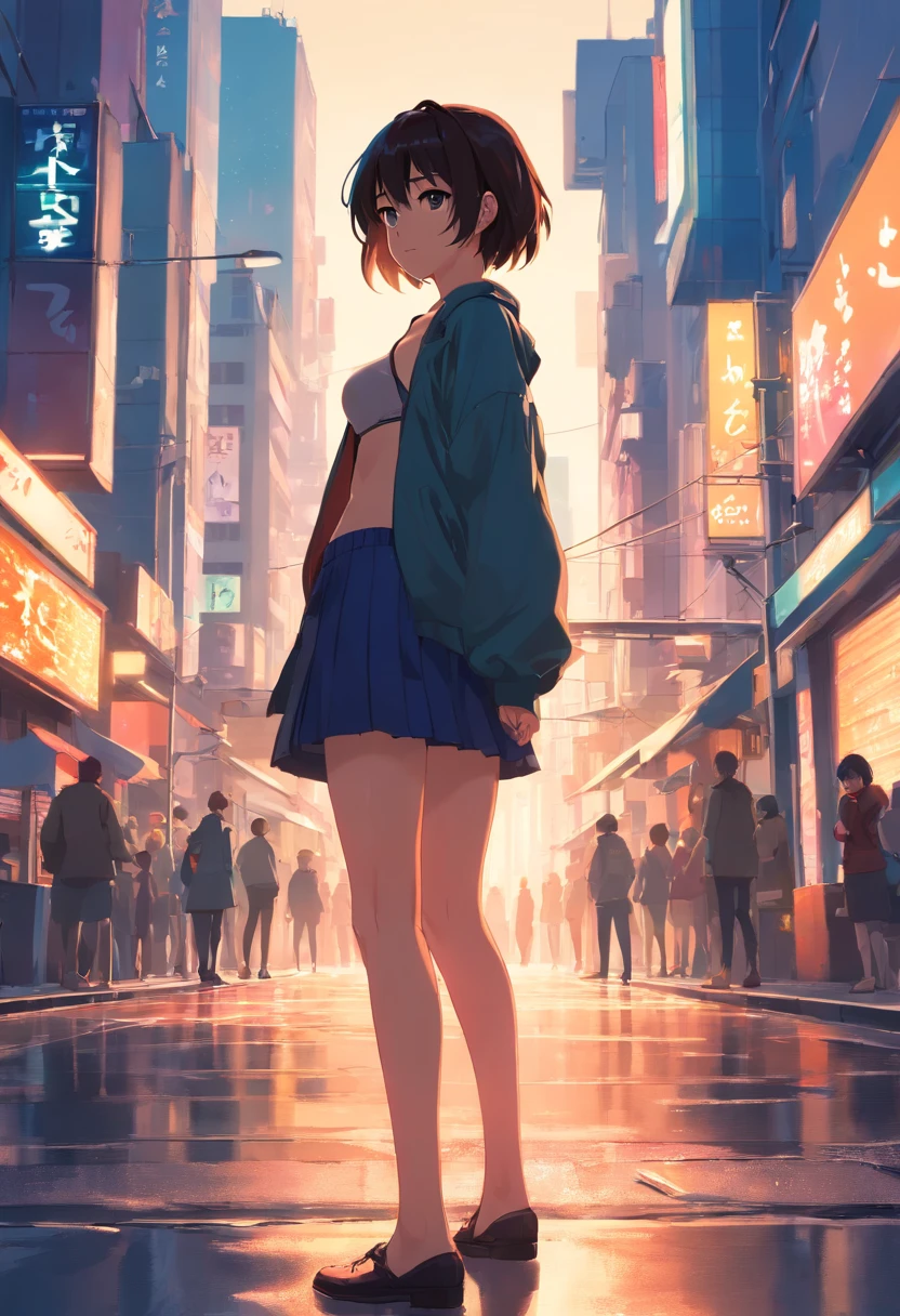 Anime girl standing on city street without panties and black erotic lingerie, Ilya Kuvshinov de cabelos compridos, Arte estilo Guviz, Anime Art Wallpaper 8K, Guvitz na empresa Pisif Art Station, Guwiz at Pisiv art station, Arte de anime cyberpunk