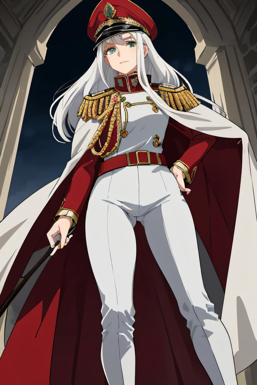 Elena is a woman of european descent, she has white hair and emerald green eyes. She wears a white imperial austrian generals uniform with blue grey pants and a red cloak and a red belt on her hips and chest, she wears a commander's cap and black knee high boots.