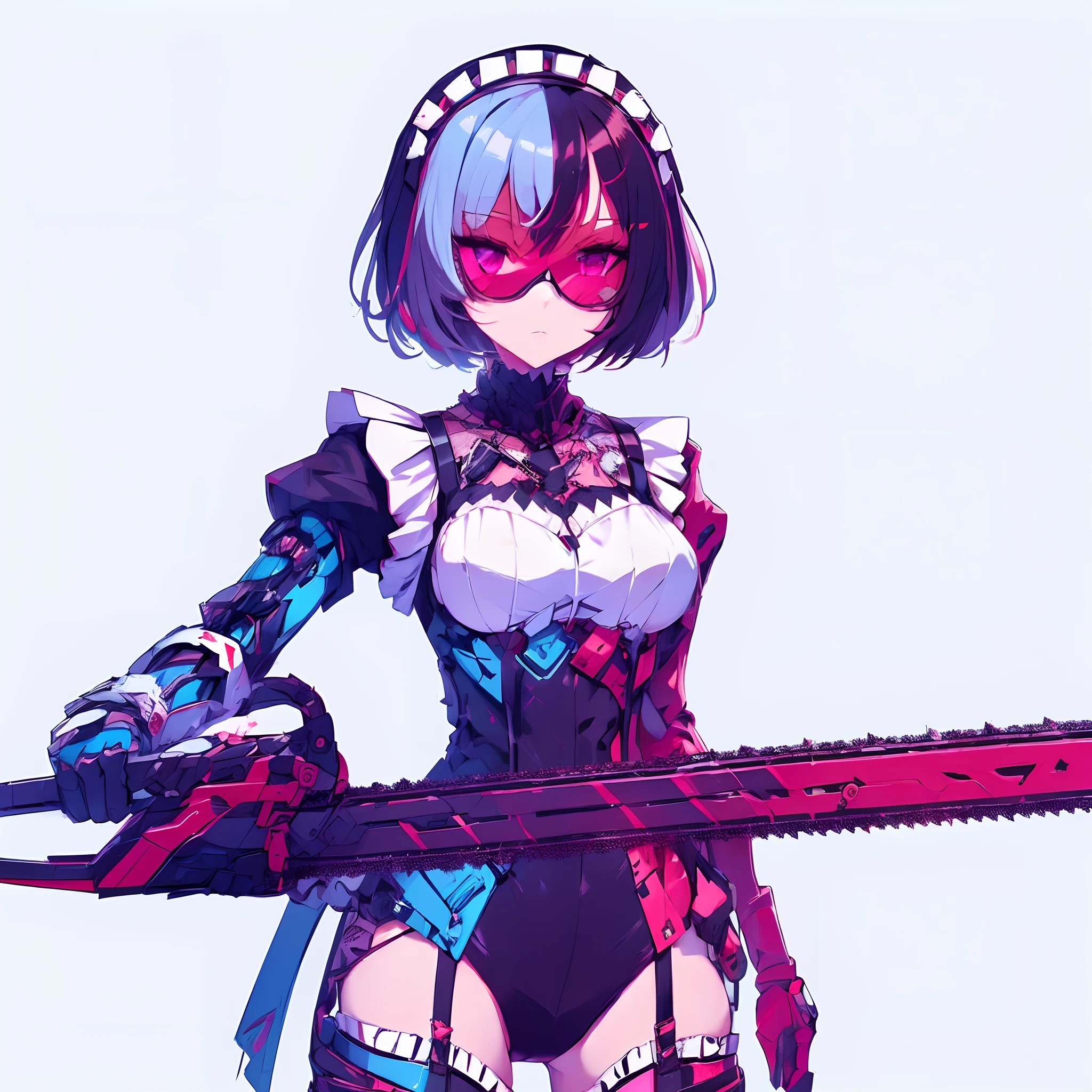 Girl in cyber style bodysuit. I'm a designer of maid clothes. A sword in both hands. She wears red goggles. Chainsaw motif depicted on clothes. Her image colors are bluish-purple and red. Hair is two-tone.