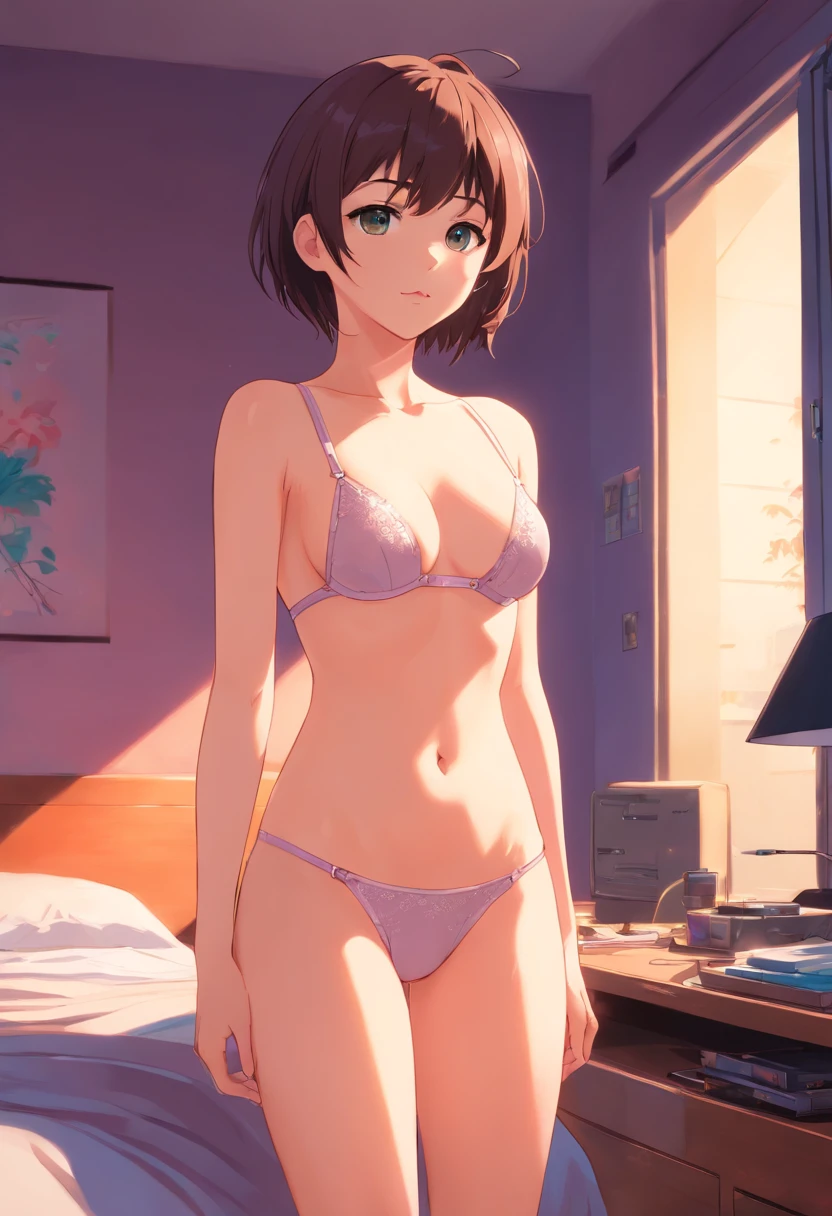 Anime girl standing naked in bedroom and bra +18, Ilya Kuvshinov de cabelos compridos, Arte estilo Guviz, Anime Art Wallpaper 8K, Guvitz at Pisif Art Station, Guwiz at Pisiv art station, arte de anime cyberpunk
