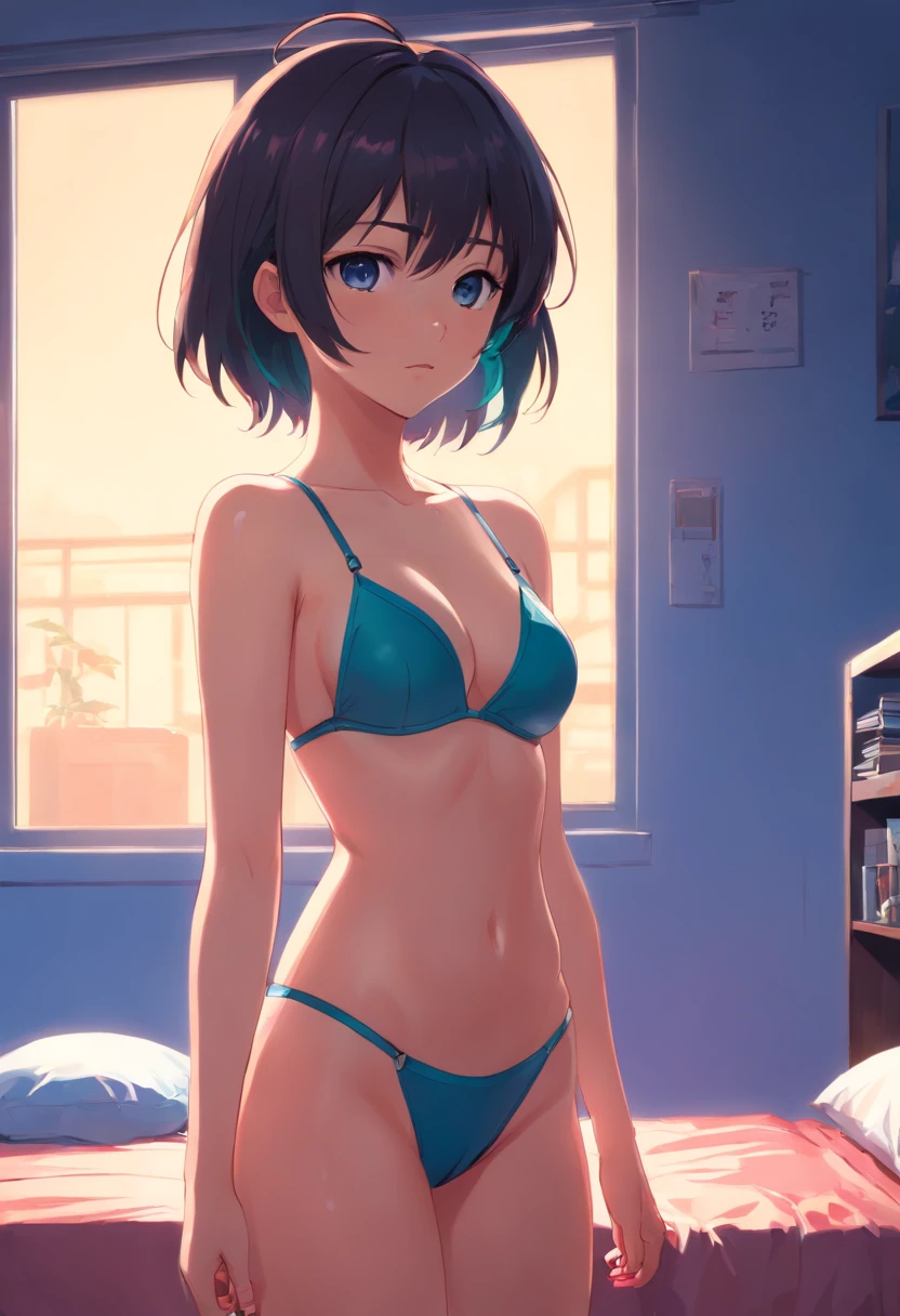 Anime girl standing naked in bedroom and bra +18, Ilya Kuvshinov de cabelos compridos, Arte estilo Guviz, Anime Art Wallpaper 8K, Guvitz at Pisif Art Station, Guwiz at Pisiv art station, arte de anime cyberpunk