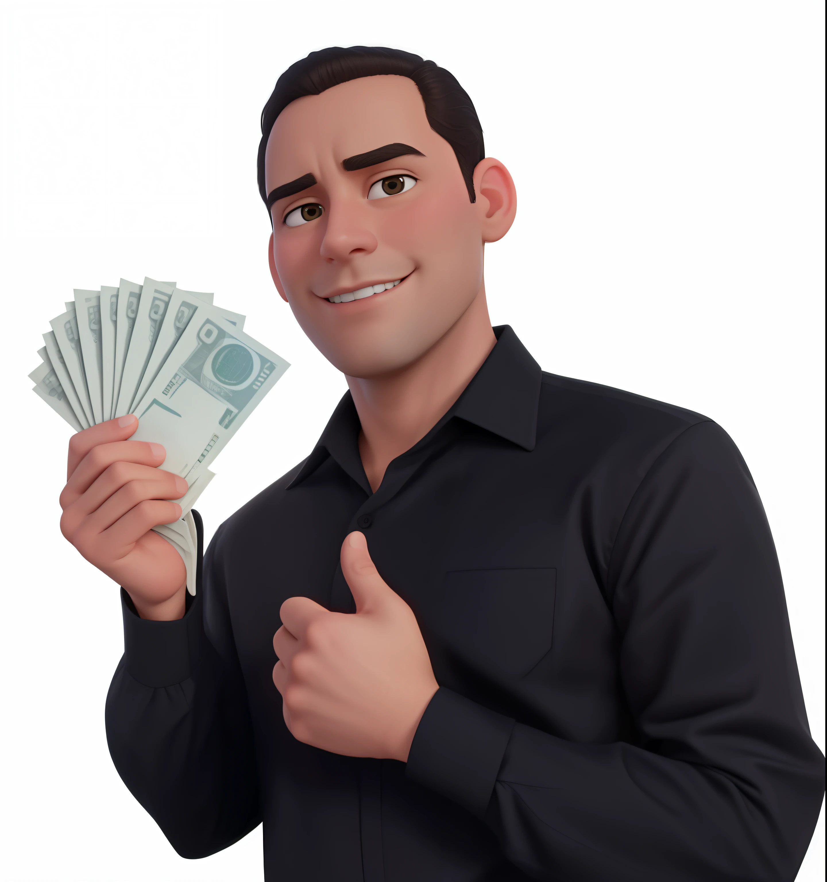Create a Disney-style image Pixar shows a man wearing a black shirt and tie, holding a stack of money. The man makes a thumbs up gesture, indicating his satisfaction or approval for the amount of money he has. The pile of money consists of several bills, suggesting that it is a significant amount. The man's clothing and the presence of money suggest that he may be a businessman or someone involved in a financial transaction.