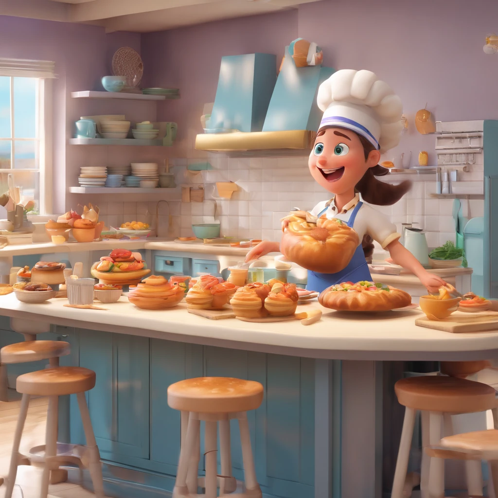 Crie uma cena de desenho animado  estilo 3d -Pixar, Onde uma mulher, de cabelos lisos castanhos com 44 anos de idade, She's cooking dressed as a pastry chef.