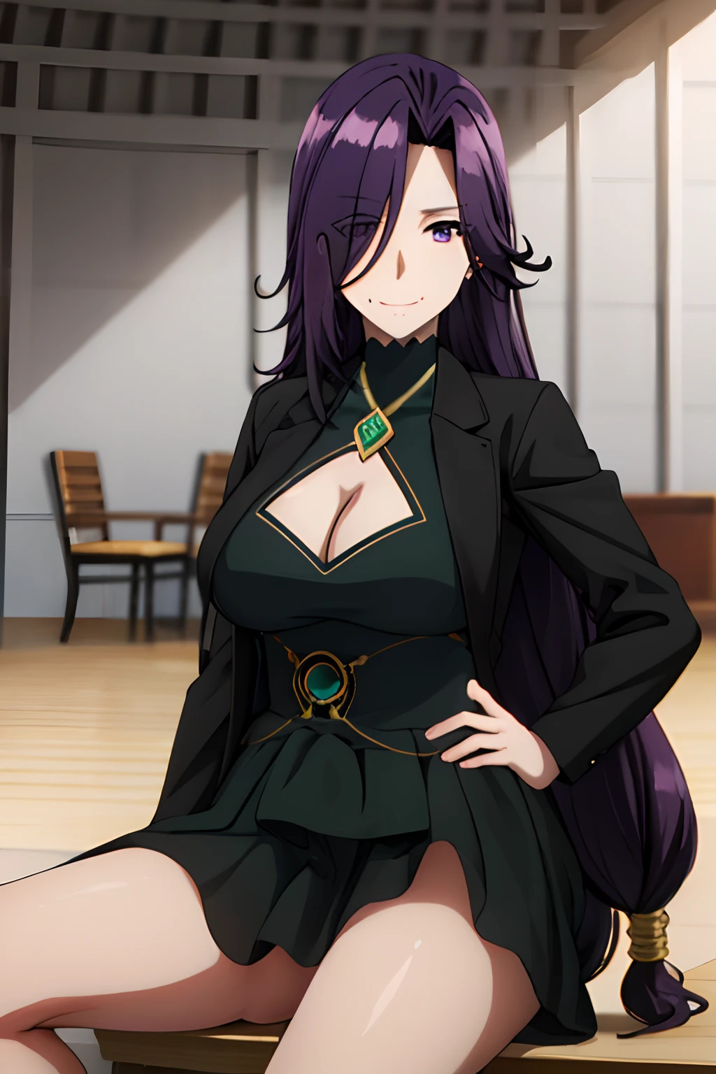 masterpiece, best quality, AuroraV4, 1girl, solo, purple hair, long hair, solo, breasts, indoors, sitting on chair, professional lighting, slight smile, cowboy shot, cleavage, very long hair, hand on hip, black hair