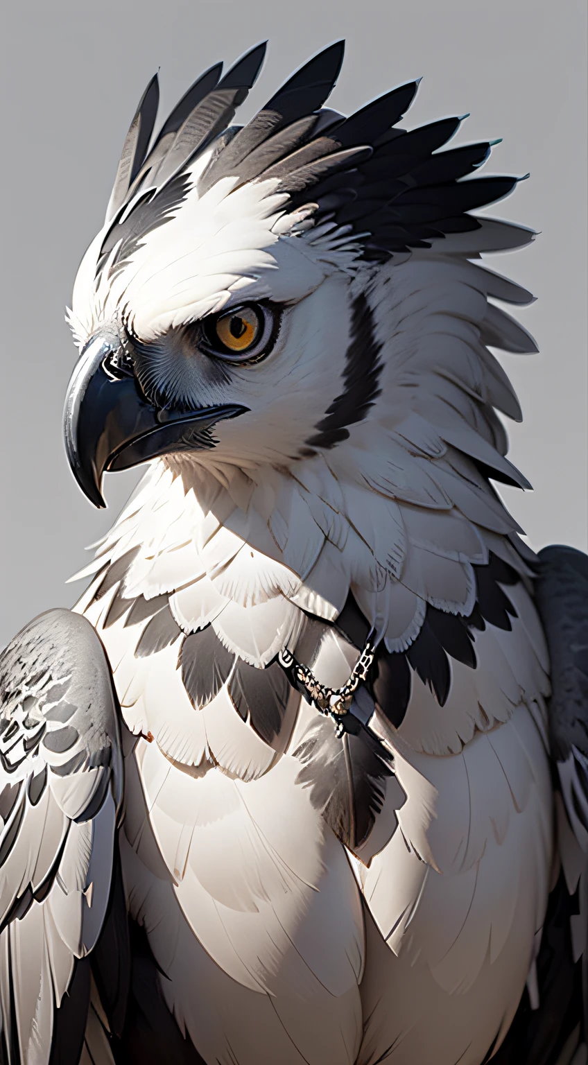 logo beautiful portrait of a majestic harpy eagle in a grey background, 8k, visually stunning, high contrast, bokeh, plain background.The harpy eagle's head is imposing, with gray feathers around its neck and a crest of feathers on the back, enhancing its majesty. Its feathers contrast with the necklace, creating an elegant and regal appearance. Its curved and sharp beak, which varies between shades of gray and black