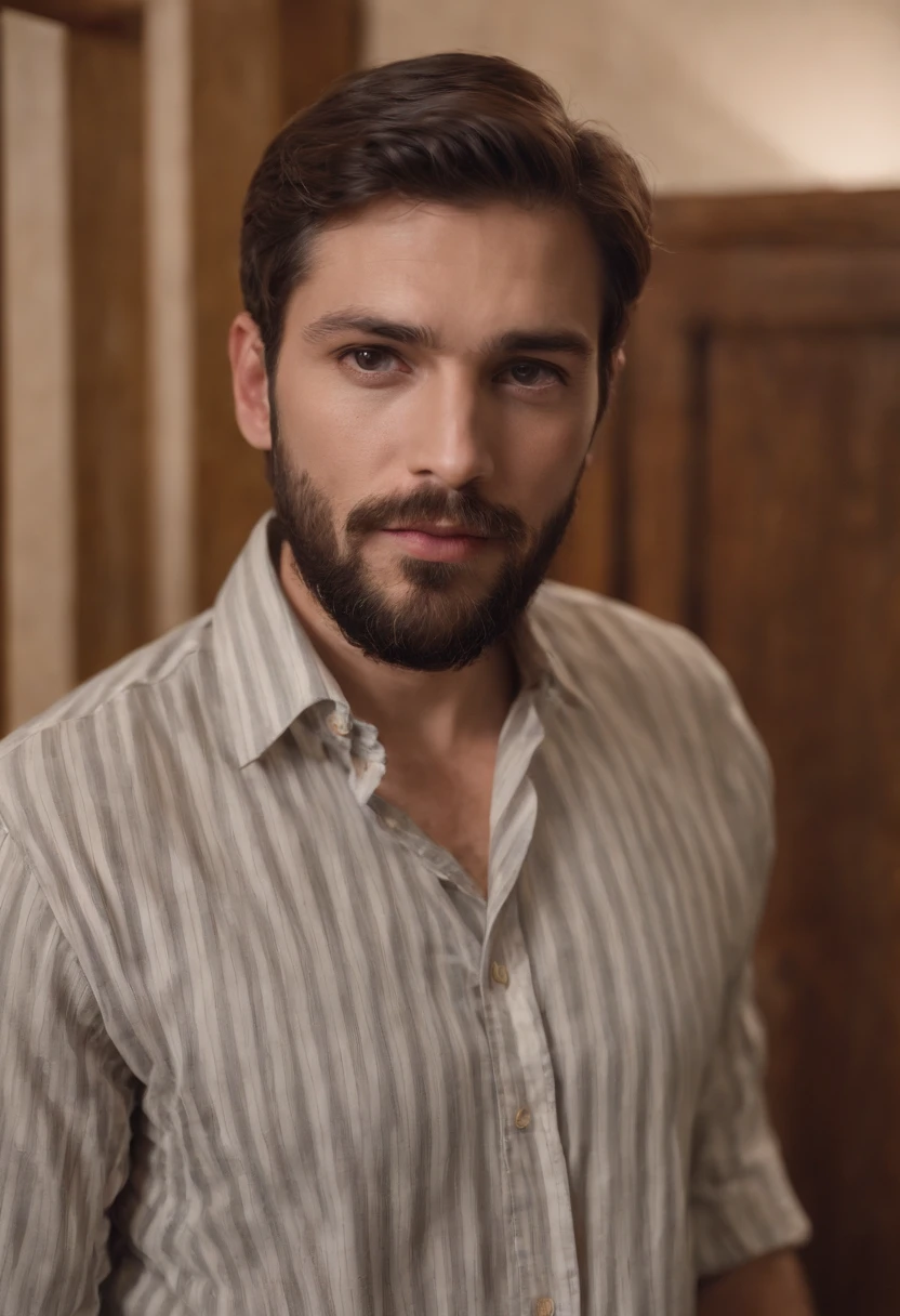 A man with a beard is wearing a striped shirt and looking at the camera. He appears to be in a professional setting, as he is standing in front of a cabinet or a wooden closet. The man's facial expression suggests that he is focused and attentive, possibly engaged in a conversation or a task. The image captures a moment of the man's day-to-day life, showcasing his attire and demeanor.