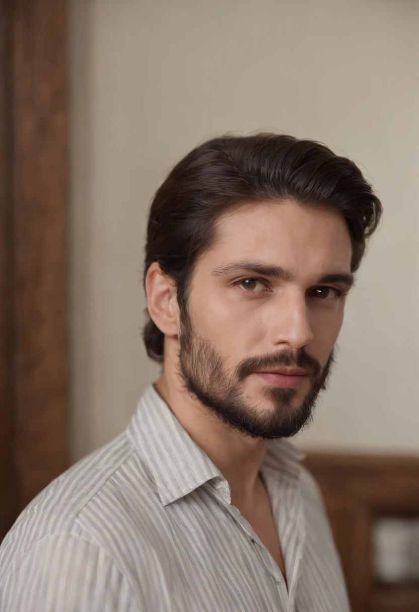 A man with a beard is wearing a striped shirt and looking at the camera. He appears to be in a professional setting, as he is standing in front of a cabinet or a wooden closet. The man's facial expression suggests that he is focused and attentive, possibly engaged in a conversation or a task. The image captures a moment of the man's day-to-day life, showcasing his attire and demeanor.