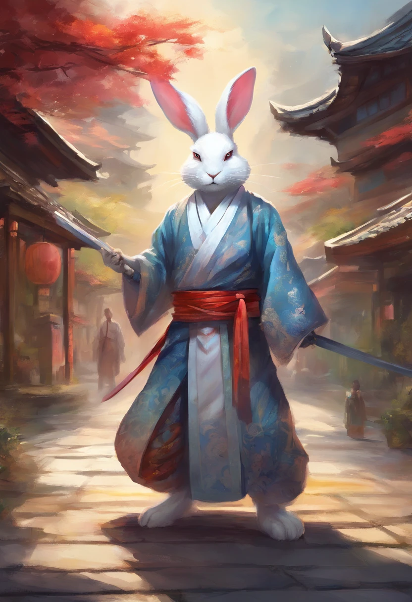 White Rabbit beastman in kimono, samurai, in a fighting stance, in a street, to stand,