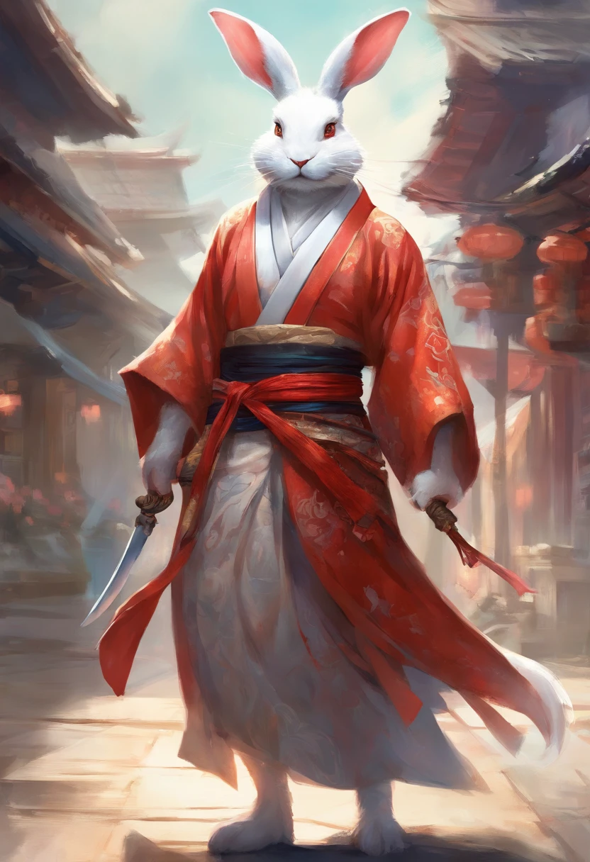 White Rabbit beastman in kimono, samurai, in a fighting stance, in a street, to stand,