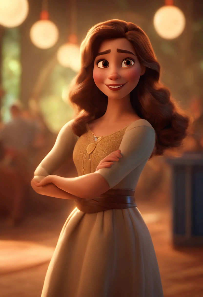 Pixar style image with 3D character light brunette woman medium brown straight hair dancing, Maquiagem Disney,Pescador, bonitinho, sorridente ,Close-up, Pixar, Disney, Cinema lighting,