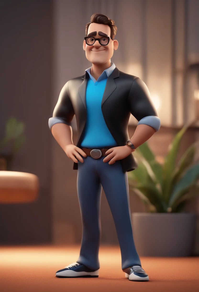 Cartoon character of a man with black glasses and a blue shirt, animation character, Caractere estilizado, animation style rendering, 3D estilizado, Arnold Maya render, 3 d render stylized, toon render keyshot, Personagem 3D, Personagem 3D, 3d rendering stylized, 3 d character render, personagem de desenho animado, Personagem de close up, Pose de personagem, (Estilo Pixar) (master part:1.2) (Bokeh) (best quality) (pele detalhada) (textura detalhada) (8k) (argila) (Cinematic lighting) (foco nítido