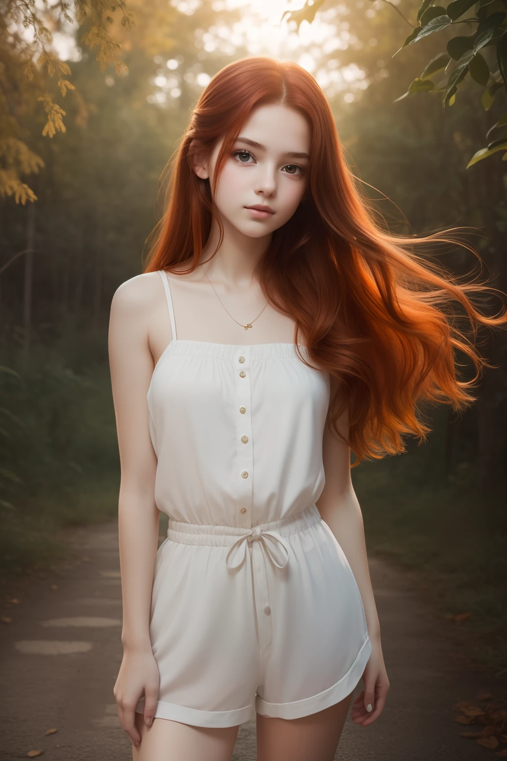 young girl,  redhead,  cinematic, The portrait showcases a young (redhead girl:1.6) with a shy and innocent demeanor,  blueish eyes,  sensual slim face,    big lips,  naked,  BIG TITS and shorts,  Her hair is styled sleek and straight,  elegantly framing her face with  adorable long hairl .Her face is illuminated by gentle lighting,  highlighting her delicate features. The girl's eyes sparkle with a hint of curiosity and her lips form a subtle,  shy smile. The background consists of a ourtoor nature autum scenery muted and warm-toned setting,  providing a calm and serene atmosphere. The composition focuses on the girl's face,  capturing the intricate details of her flawless skin,  The overall image exudes a sense of tranquility and captures the innocence and gentleness of youth, redhair, redhead,