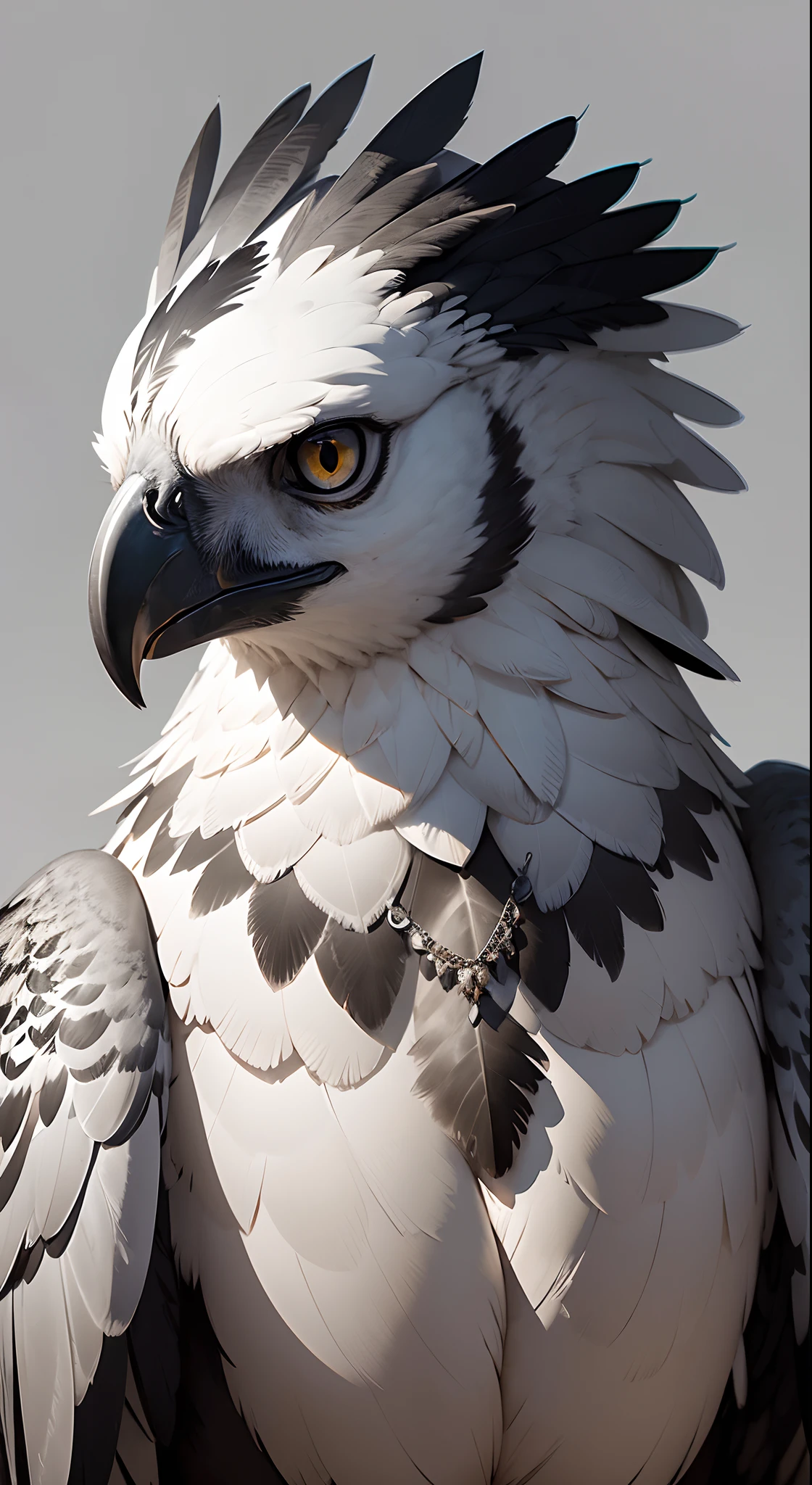 logo beautiful portrait of a majestic harpy eagle in a grey background, 8k, visually stunning, high contrast, bokeh, plain background.The harpy eagle's head is imposing, with gray feathers around its neck and a crest of feathers on the back, enhancing its majesty. Its feathers contrast with the necklace, creating an elegant and regal appearance. Its curved and sharp beak, which varies between shades of gray and black