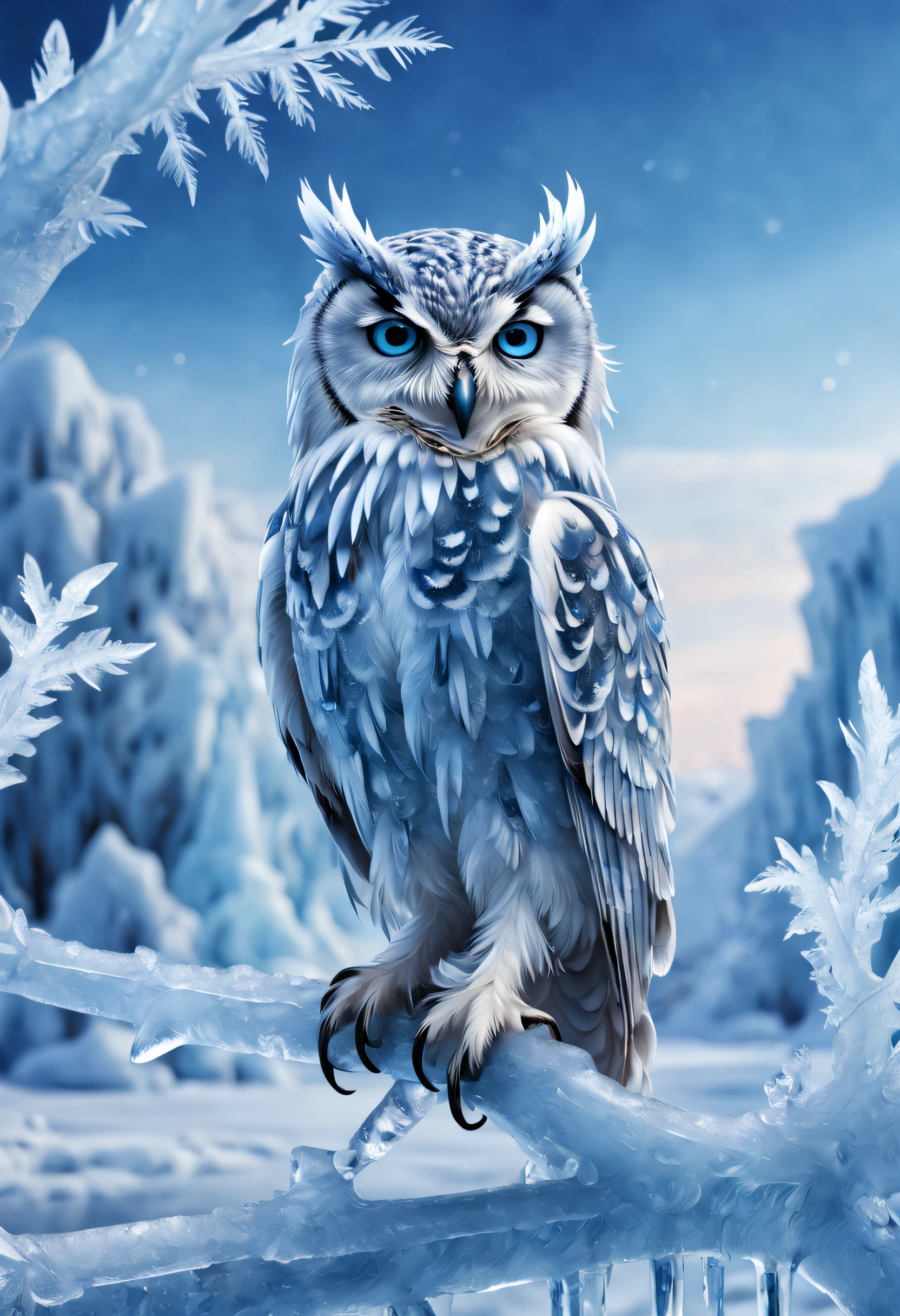 Best quality,4K,A high resolution,Ultra-detailed,Realistic,Blue ice,ice - carving,Snow-capped branches,Frozen landscape,Crystalline ice texture,Winter scene,snowflakes falling,Ethereal lighting,The owl's eyes are glaring,Icy feathers,subtle color variations,Icy breathing,Peaceful silence,Arctic chill,tranquil ambiance,majesticpresence,Wisdom in the eyes,Detailed ice crystals,Sharp beak and claws,The feathers freeze beautifully,Amazing ice formation,breathtaking beauty,Ice sculptures in a winter wonderland,Frost-covered feathers,a captivating gaze,Time freezes,Natural ice sculptures,Icy Enchantment,Subtle shades of blue,Quiet tranquility,ink,amoke,