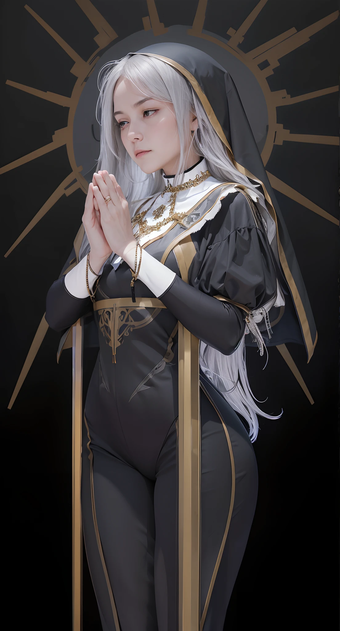 Beautiful gray-haired nun folded her hands in prayer, looking a viewer