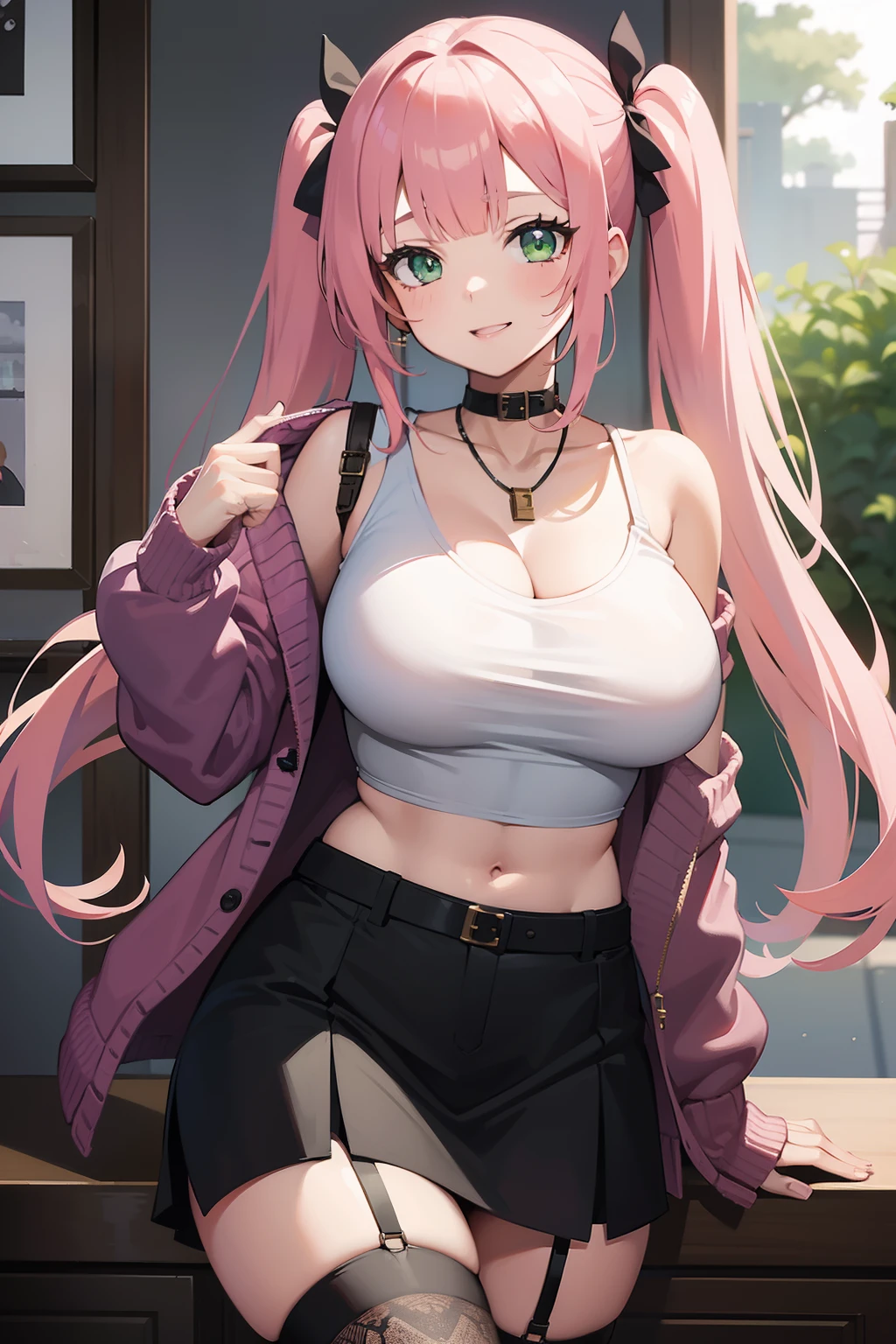 1girl, masterpiece, pink hair, blunt bangs, long hair, twin tails, huge breasts, miniskirt, cardigan, garter belt, midriff, necklaces, green eyes, light smile, cleavage