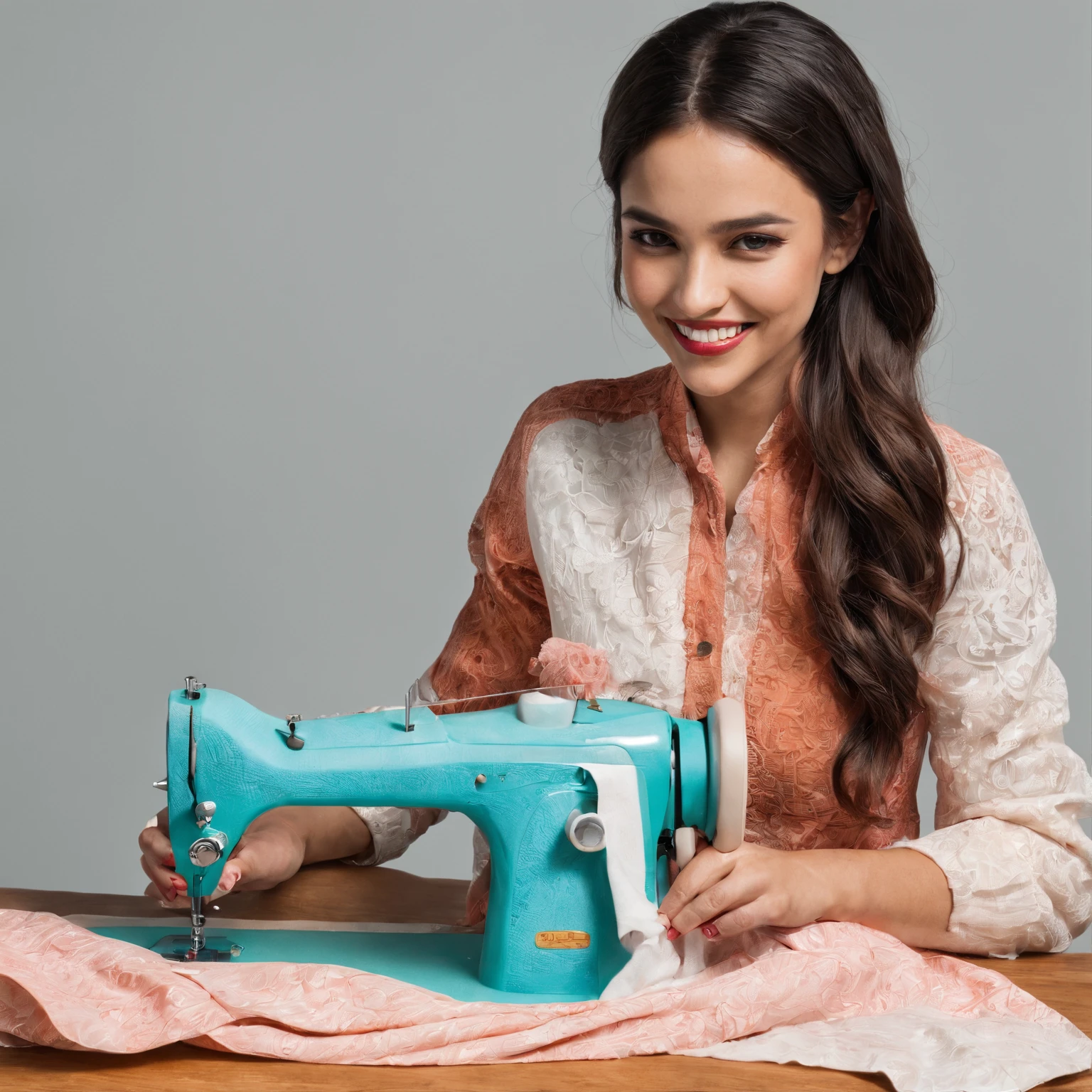 25-year-old Hispanic woman, smiling while sewing a perfect garment, shows dexterity and a lot of joy, the garments she is sewing are brightly colored and the atmosphere is cheerful, .RAW