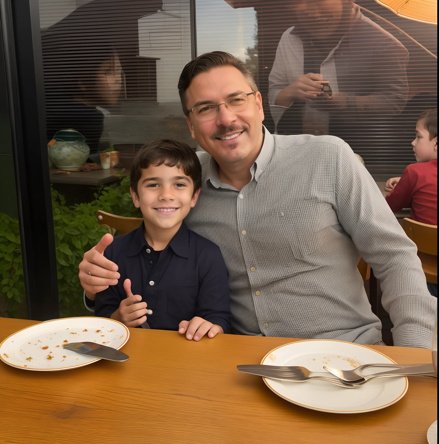 There's a man and a boy sitting at a table with plates, with a kid, 4 k post, Postagem 4k, John Picacio e Brom, family dinner, exploitable image, Asher Duran, Lachlan Bailey, Alejandro, Paulo Pepera Pablo Roldan, Genzoman e Frank Franzzeta, Directed by: Luis Miranda, Directed by: David Ruby