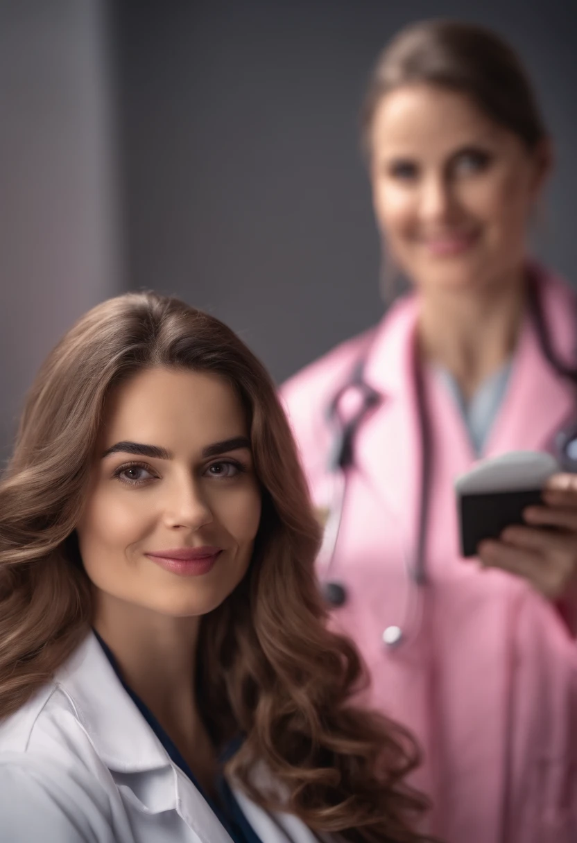 Uma bela garota de cabelo longo cacheado , Take a selfie in your lab coat and with your pink stethoscope around your neck. Personagens em 3D