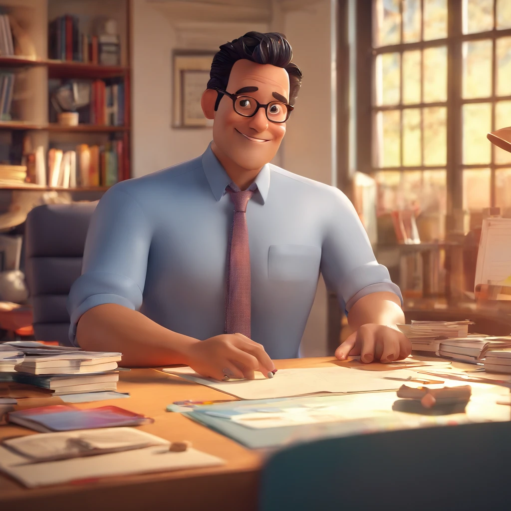 Create a poster inspired by Disney Pixar with the character as a 40-year-old man, short black hair, without glasses, wearing a suit and no tie, smiling, 3D image, in an office with notebook on the table, modern style bookshelf full of books, office window with background of various buildings