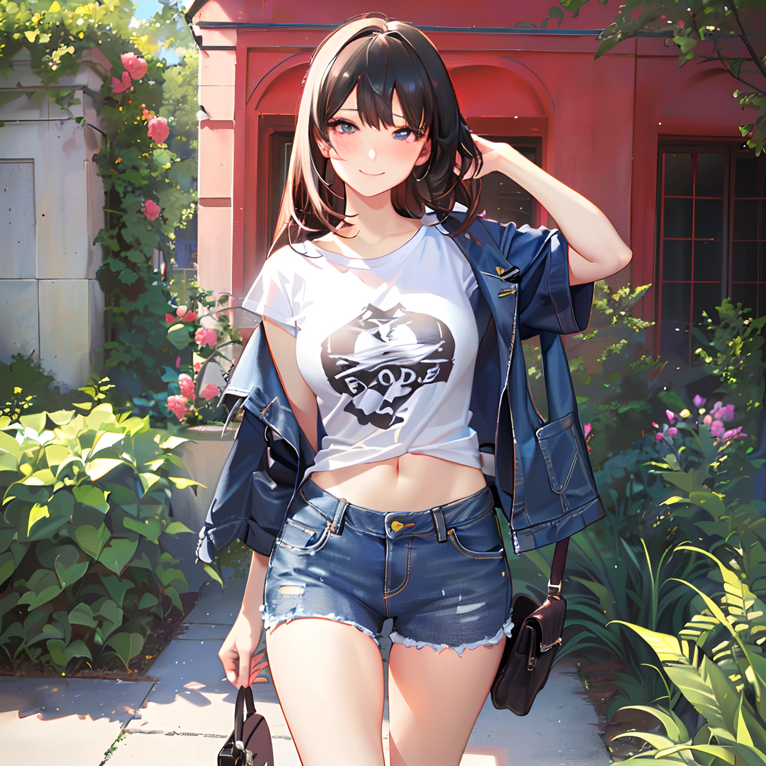 (((rose garden,Red T-shirt,Hide underwear,denim hot-pants))),((独奏,stroll)),((masutepiece,Full body,Wide background,Far angle)),Beautiful detailed skin,Perfect human anatomy,perfect hand,beautiful boob,saggy tits,portrait of a beautiful woman,Perfect face,(Cute smile,Bright smile),Cute look,Cute emotions,Think,(blush),enticing lips,Perfect eyes,Cinematic scene,Cinematic,fulcolor,4K,8K,Raw photo,Studio portrait,professionally color graded,Professional Photography,(an extremely delicate and beautiful art)1.3,Elegant,Active Angle,Soft light,Lens Glow,soft clean focus,Realistic lighting and shading,Best Quality,top-quality,hight resolution,(1girl in:1.3)