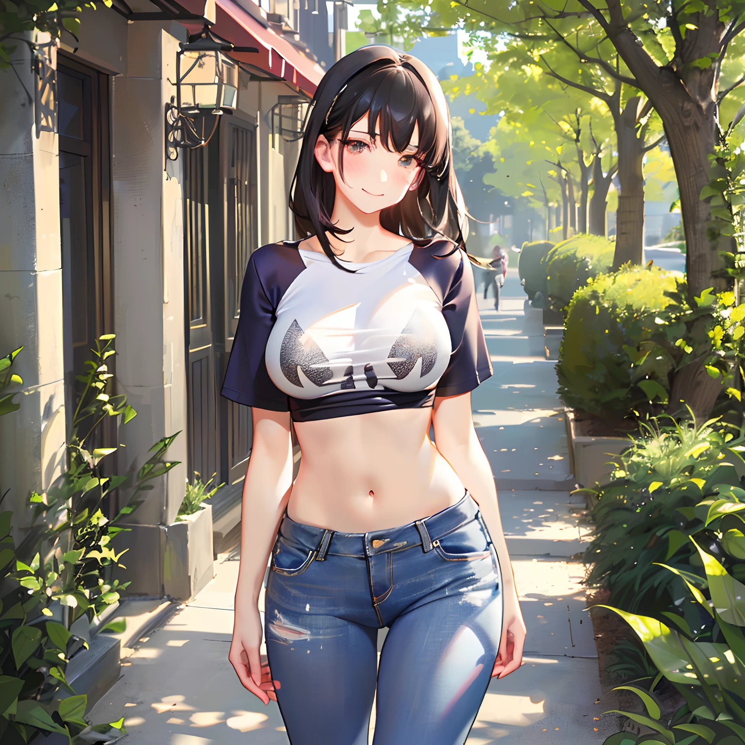 hight resolution, top-quality,  ultra-quality, The ultra-detailliert, lighting like a movie、panties on(Denim fabric)a woman in a、In the street、Short camisole、Decisive face、Sheer nipples、Exposed chest、Wearing sweat、
