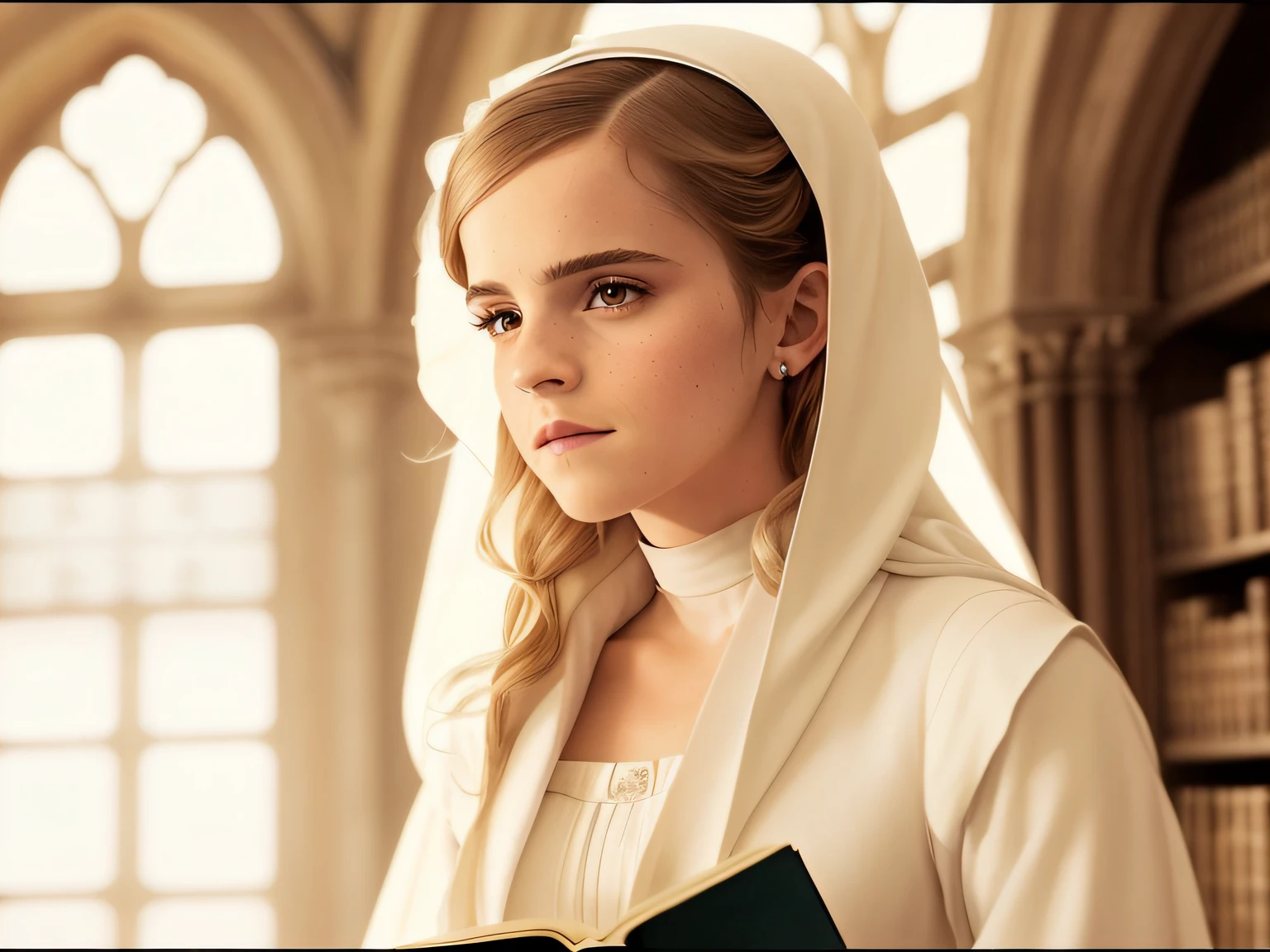 Full body photo of Emma Watson,Blonde woman in white robe holding a book in the library, karol bak of emma watson nun, film still of emma watson, film still of emma watson, Emma Watson: Dryada, Emma Watson(Joan of Arc), Emma Watson as an angel, Emma Watson and Anxiety, Emma Watson(Blonde Aphrodite), Emma Watson(『Victorian Secrets』),