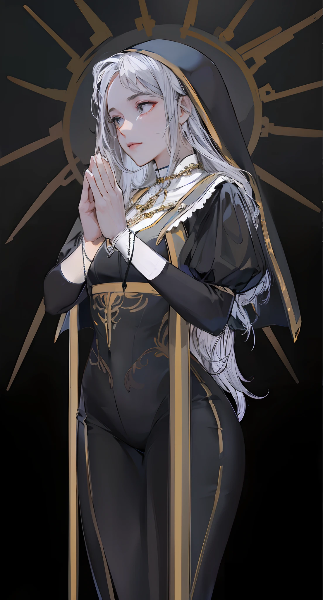 Beautiful gray-haired nun folded her hands in prayer, looking a viewer