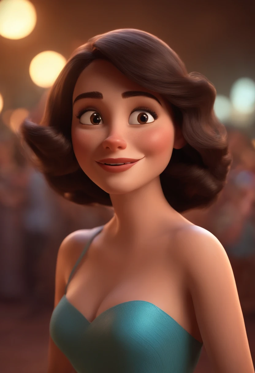 Pixar style image with 3D character white brunette woman short straight hair dancing, Maquiagem Disney, sorridente ,Close-up, Pixar, Disney, Cinema lighting