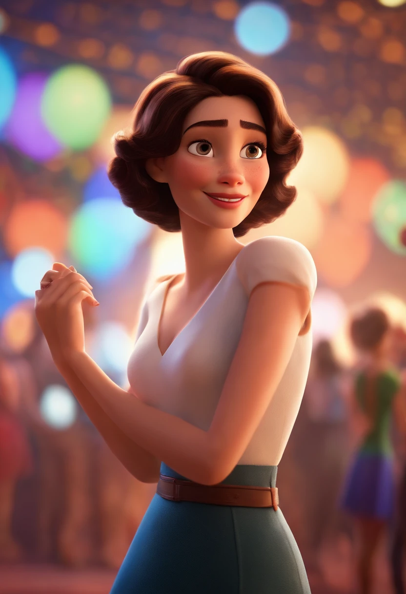 Pixar style image with 3D character white brunette woman short straight hair dancing, Maquiagem Disney, sorridente ,Close-up, Pixar, Disney, Cinema lighting