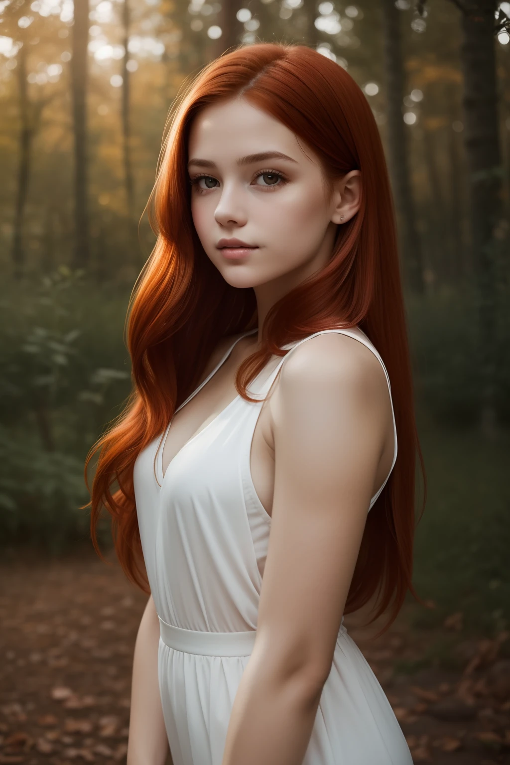 young girl,  redhead,  cinematic, The portrait showcases a young (redhead girl:1.6) with a shy and innocent demeanor,  blueish eyes,  sensual slim face,    big lips,  naked,  BIG TITS and shorts,  Her hair is styled sleek and straight,  elegantly framing her face with  adorable long hairl .Her face is illuminated by gentle lighting,  highlighting her delicate features. The girl's eyes sparkle with a hint of curiosity and her lips form a subtle,  shy smile. The background consists of a ourtoor nature autum scenery muted and warm-toned setting,  providing a calm and serene atmosphere. The composition focuses on the girl's face,  capturing the intricate details of her flawless skin,  The overall image exudes a sense of tranquility and captures the innocence and gentleness of youth, redhair, redhead,