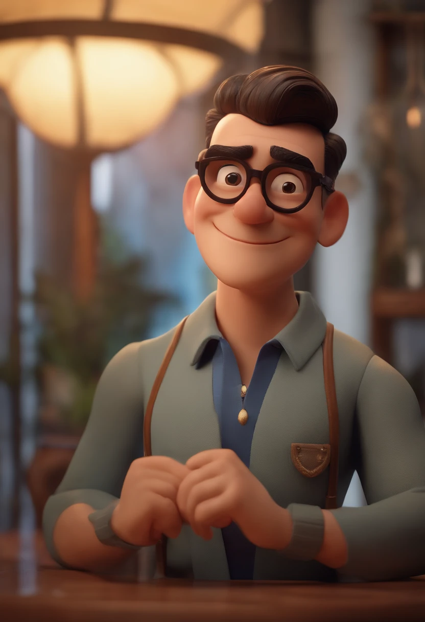 Cartoon character of a man wearing black glasses and a blue shirt, um personagem animado, Caractere estilizado, animation style rendering, 3D estilizado, Arnold Maya render, 3 d render stylized, toon render keyshot, Personagem 3D, Personagem 3D, 3d rendering stylized, 3 d character render, personagem de desenho animado, Personagem de close up, Pose de personagem, (Estilo Pixar) (master part:1.2) (Bokeh) (best quality) (pele detalhada) (textura detalhada) (8k) (argila) (Cinematic lighting) (foco nítido,Senta e vaza a parte superior do corpo
