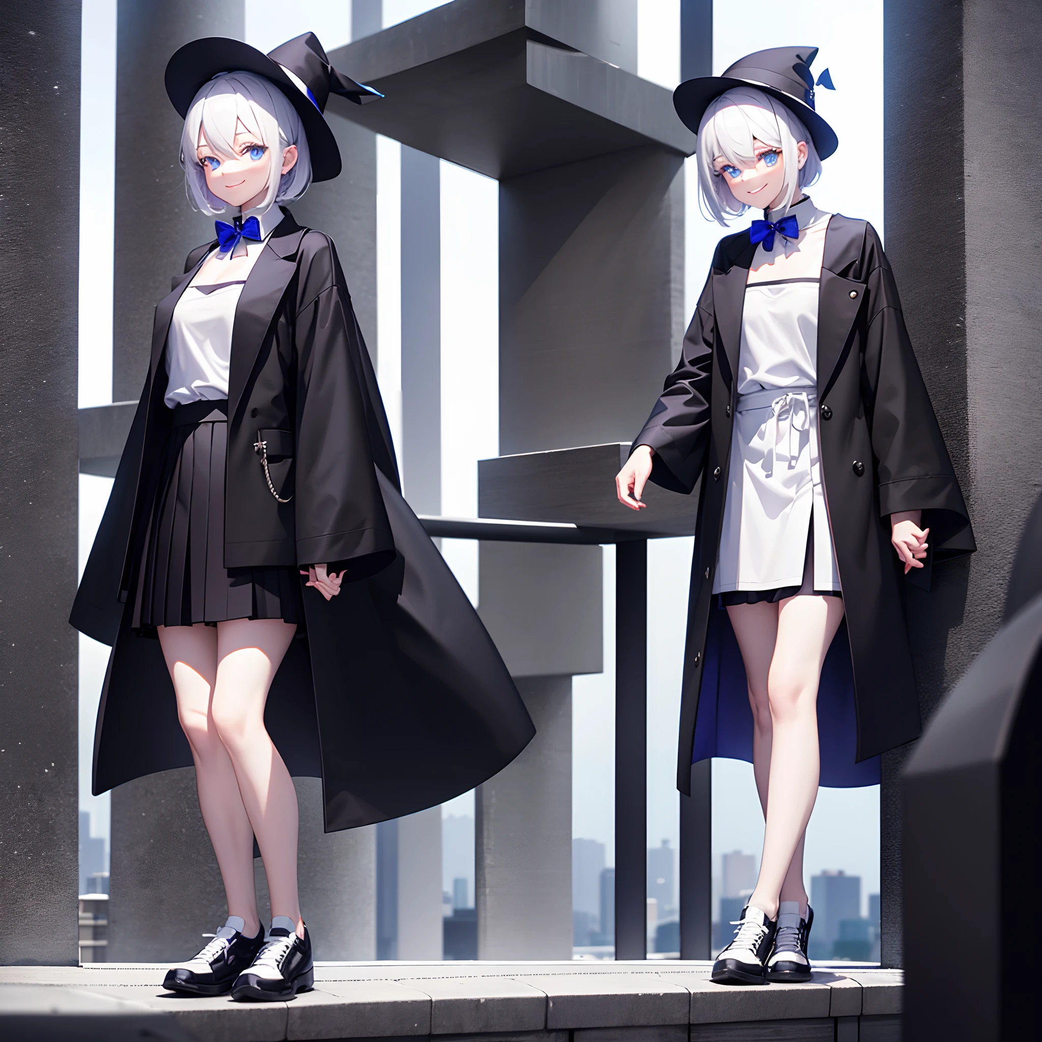 I am on the roof of a building where I can see the night view of Tokyo at midnight、White medium shorthair with blue-purple mesh、Looking at me with a smile、Black sneakers with white shoelaces、Large black witch hat with sapphire accessories、Blue eyes with highlights、Crisp and slightly pinched eyes、27-year-old woman with small breasts、small tits、Small、discreet breasts、Looking at me with a smile、Black long coat、Black Midi Skirt、White inner camisole、white t-shirt、hiquality、Fine writing、High Details