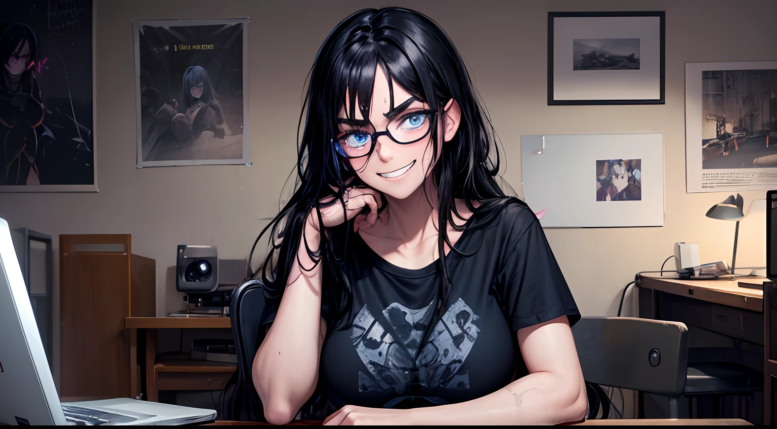 Neon glow, directional lighting, highres, masterpiece, 8k, (dark blue eyes with dark circles), excited expression, smiling, devilish grin, sitting at a desk in front of a laptop computer, hunched posture, black hair, (messy hair), long greasy hair, sweaty, disheveled, unwashed, thick eyebrows, worn dirty t shirt, (wearing glasses), (dark messy bedroom), (walls covered in detailed posters), multiple tangled black electrical cables, led lights, plushies, nighttime