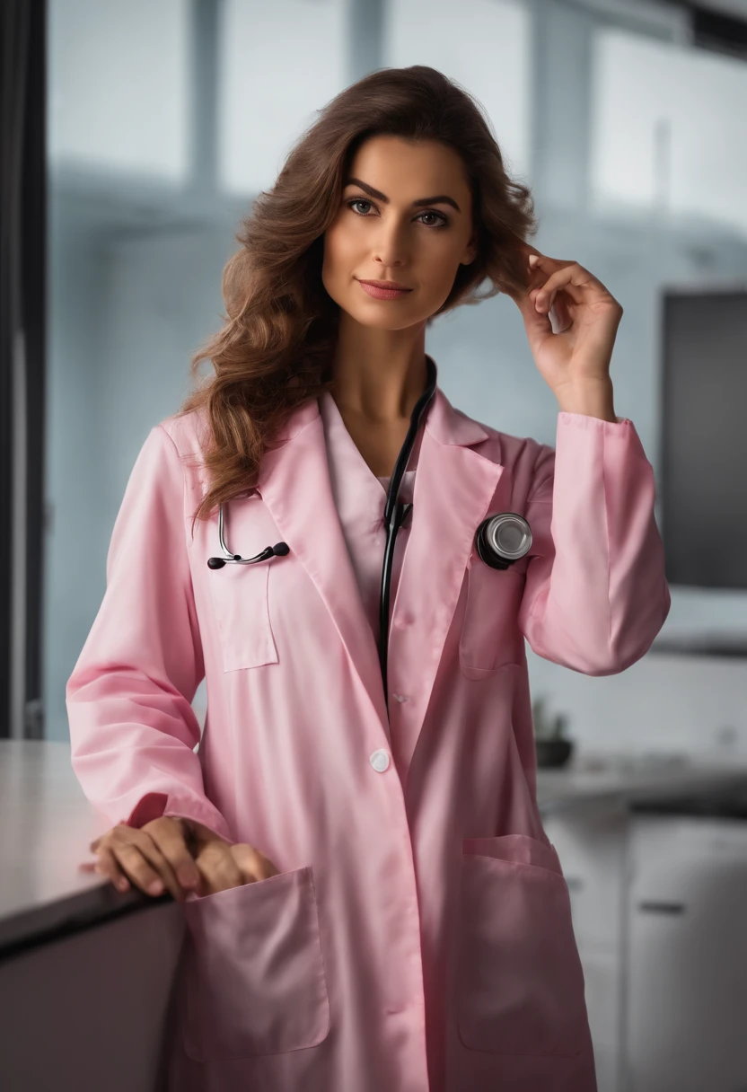 Mulher, wearing pink lab coat in office