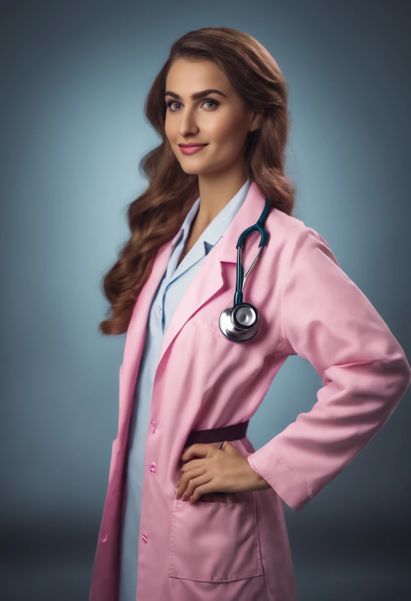 Uma bela garota de cabelo longo cacheado , Take a selfie in your lab coat and with your pink stethoscope around your neck. Personagens em 3D desenho animado