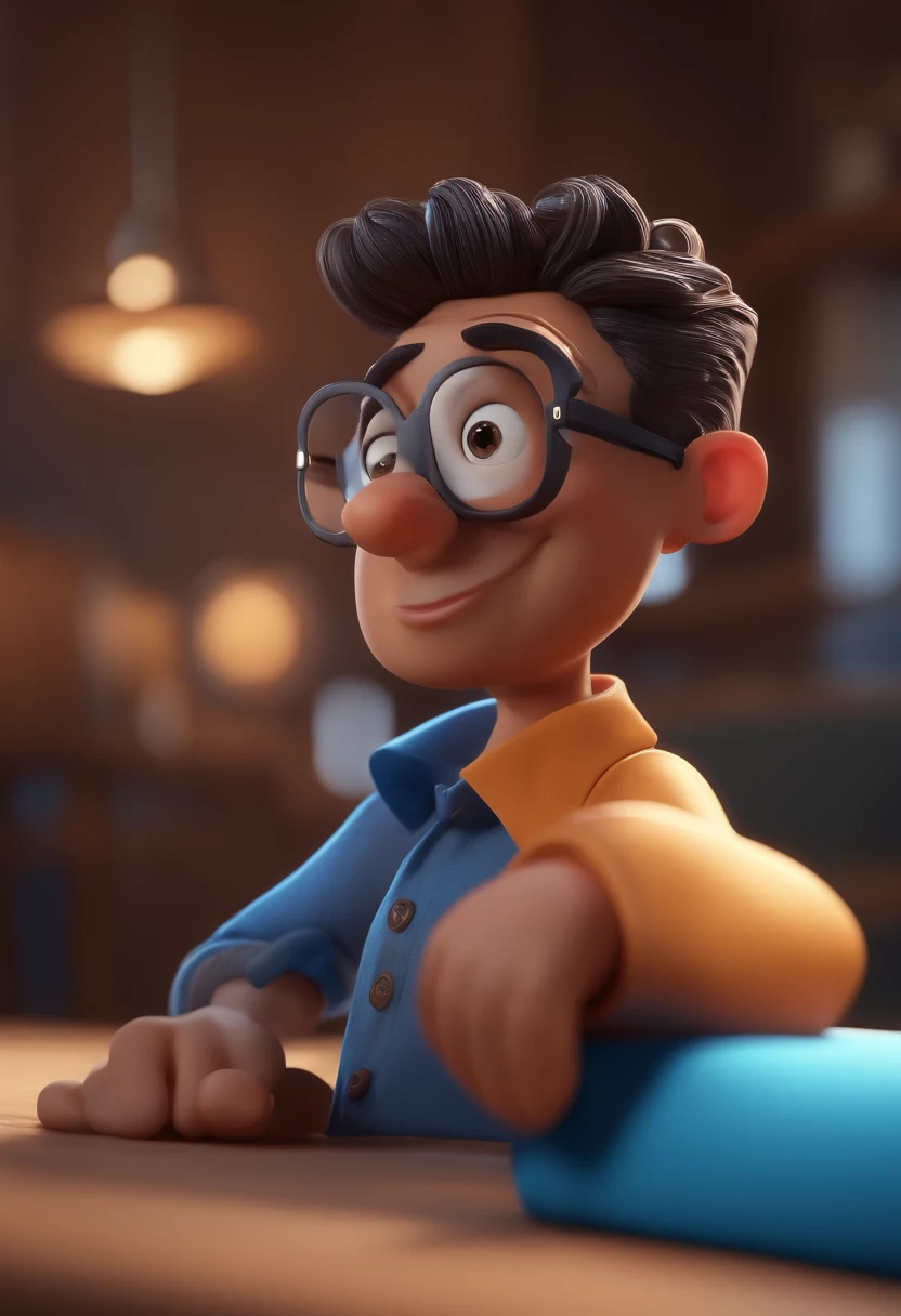 Cartoon character of a man with black glasses and a blue shirt, animation character, Caractere estilizado, animation style rendering, 3D estilizado, Arnold Maya render, 3 d render stylized, toon render keyshot, Personagem 3D, Personagem 3D, 3d rendering stylized, 3 d character render, personagem de desenho animado, Personagem de close up, Pose de personagem, (Estilo Pixar) (master part:1.2) (Bokeh) (best quality) (pele detalhada) (textura detalhada) (8k) (argila) (Cinematic lighting) (foco nítido