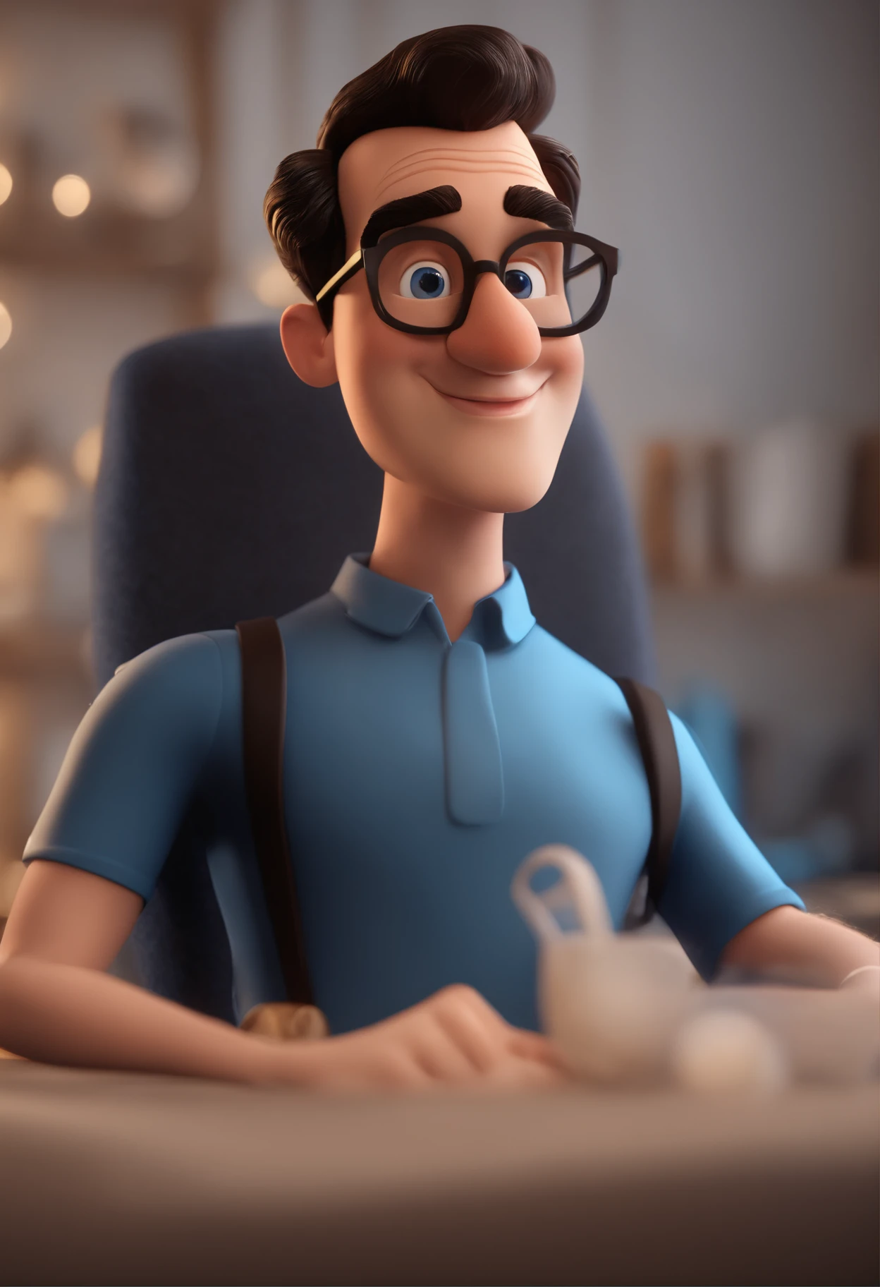 Cartoon character of a man wearing black glasses and a blue shirt, animation character, Caractere estilizado, Rendering Animation Styles, 3D estilizado, Arnold Maya render, 3D render estilizado, Toon renderizar keyshot, Personagem 3D, Personagem 3D, 3d rendering stylized, 3 d character render, Personagem de desenho animado, Personagem de close-up, Pose do personagem,  (Estilo Pixar) (Obra prima:1.2) (Bokeh) (melhor qualidade) (Pele detalhada) (Textura detalhada) (8k) (argila) (Cinematic lighting) (foco nítido