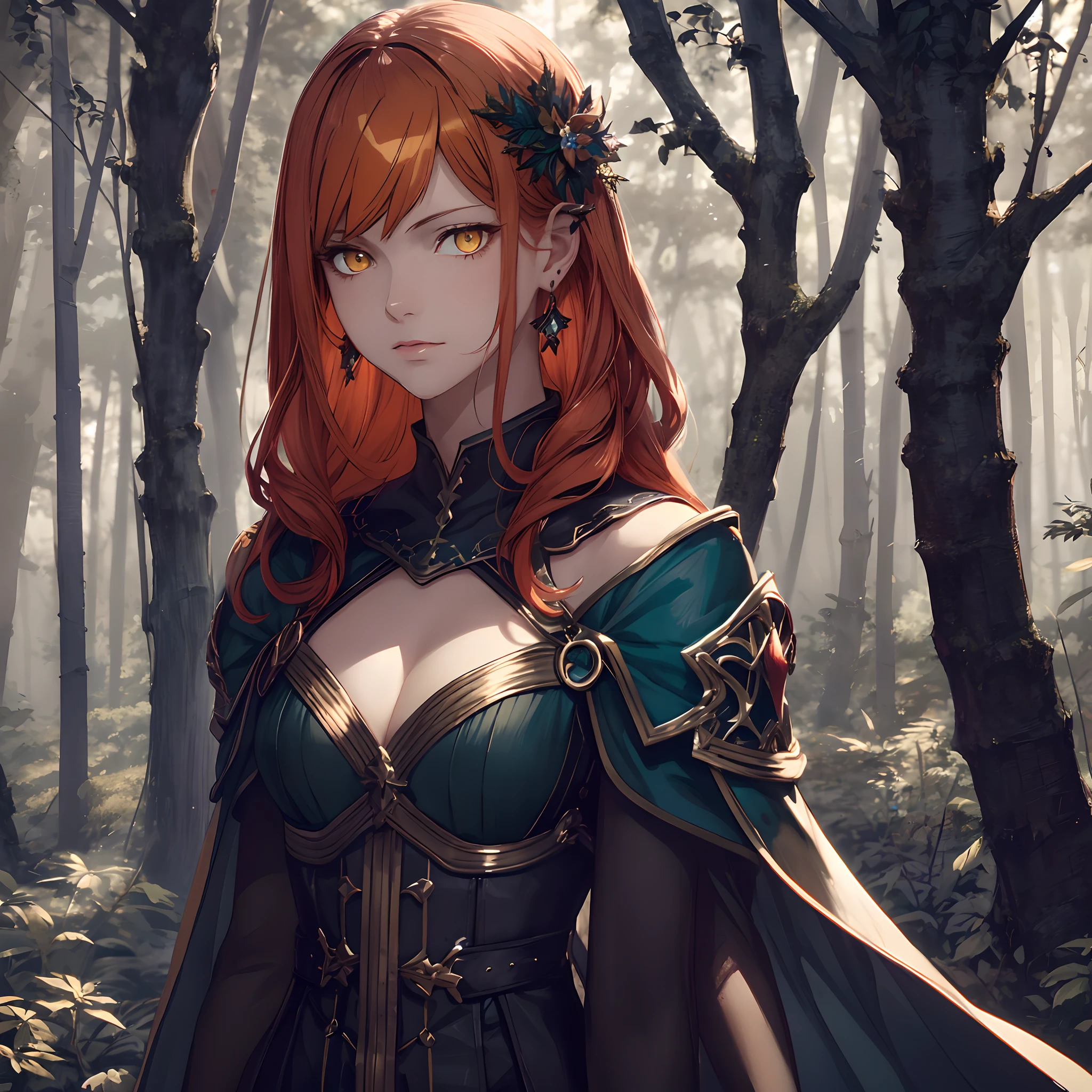 masterpiece, best quality, 1woman adult, female focus, solo, orange hair, vibrant yellow eyes, long hair, looking at viewer, closed mouth, Fantasy aesthetics, fantasy earring, Highly detailed, shadowverse style, dark forest background, in the dark forest