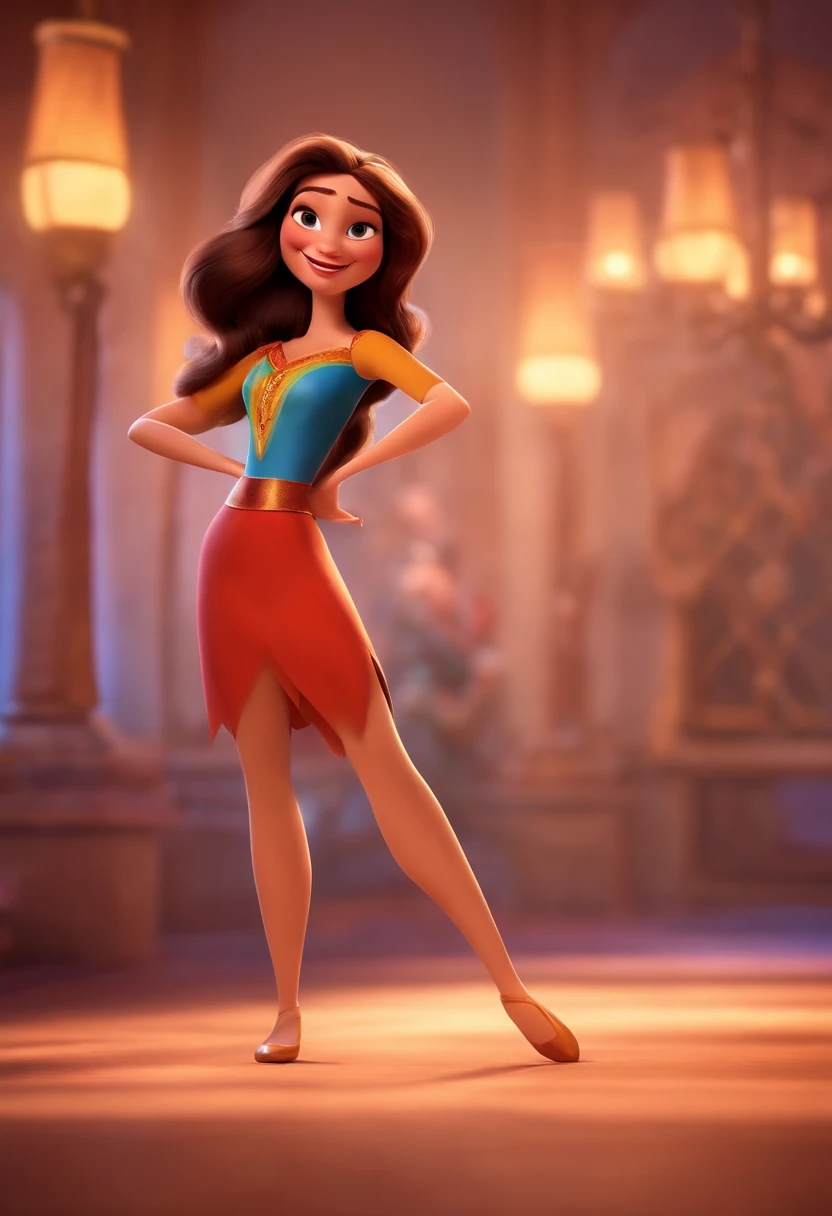 Pixar style image with 3D character white brunette woman medium straight hair dancing, Maquiagem Disney, sorridente ,Close-up, Pixar, Disney, Cinema lighting