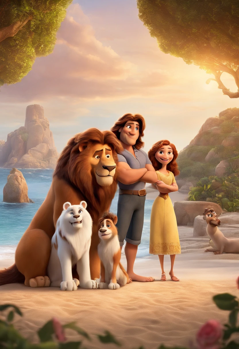 a Disney Pixar movie poster showing a white-skinned family. The father is the tallest, Tem barba curta, loiro, cabelos curtos e espinhosos. The mother has brown eyes and hair, shoulder-length and is slightly overweight. A menina tem 4 anos e cabelos castanhos, roupa rosa e rabos de cavalo. The background is a beach garden. 3D-rendering