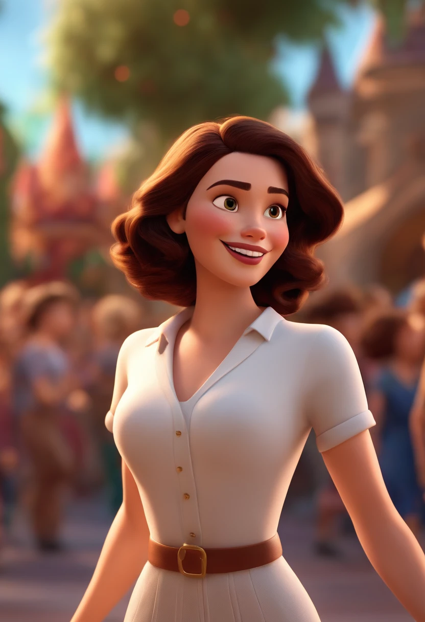 Pixar style image with 3D character white brunette woman short straight hair dancing, Maquiagem Disney, sorridente ,Close-up, Pixar, Disney, Cinema lighting