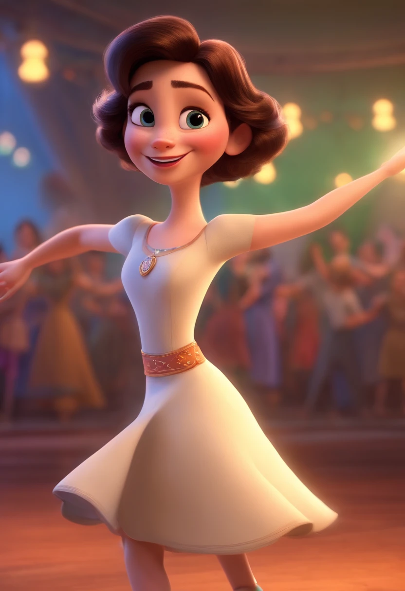 Pixar style image with 3D character white brunette woman short straight hair dancing, Maquiagem Disney, sorridente ,Close-up, Pixar, Disney, Cinema lighting