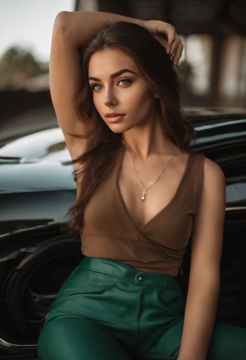 arafed woman with a white tank top and a necklace, sexy girl with green eyes, portrait sophie mudd, brown hair and large eyes, selfie of a young woman, bedroom eyes, violet myers, without makeup, natural makeup, looking directly at the camera, face with artgram, subtle makeup, stunning full body shot, piercing green eyes, beautiful angle, attractive pose, cute girl, sexy pose, full body picture, full body, full body shoot, brunette goddess, high detail, satisfied pose, leather pants, in front of sports car, free belly