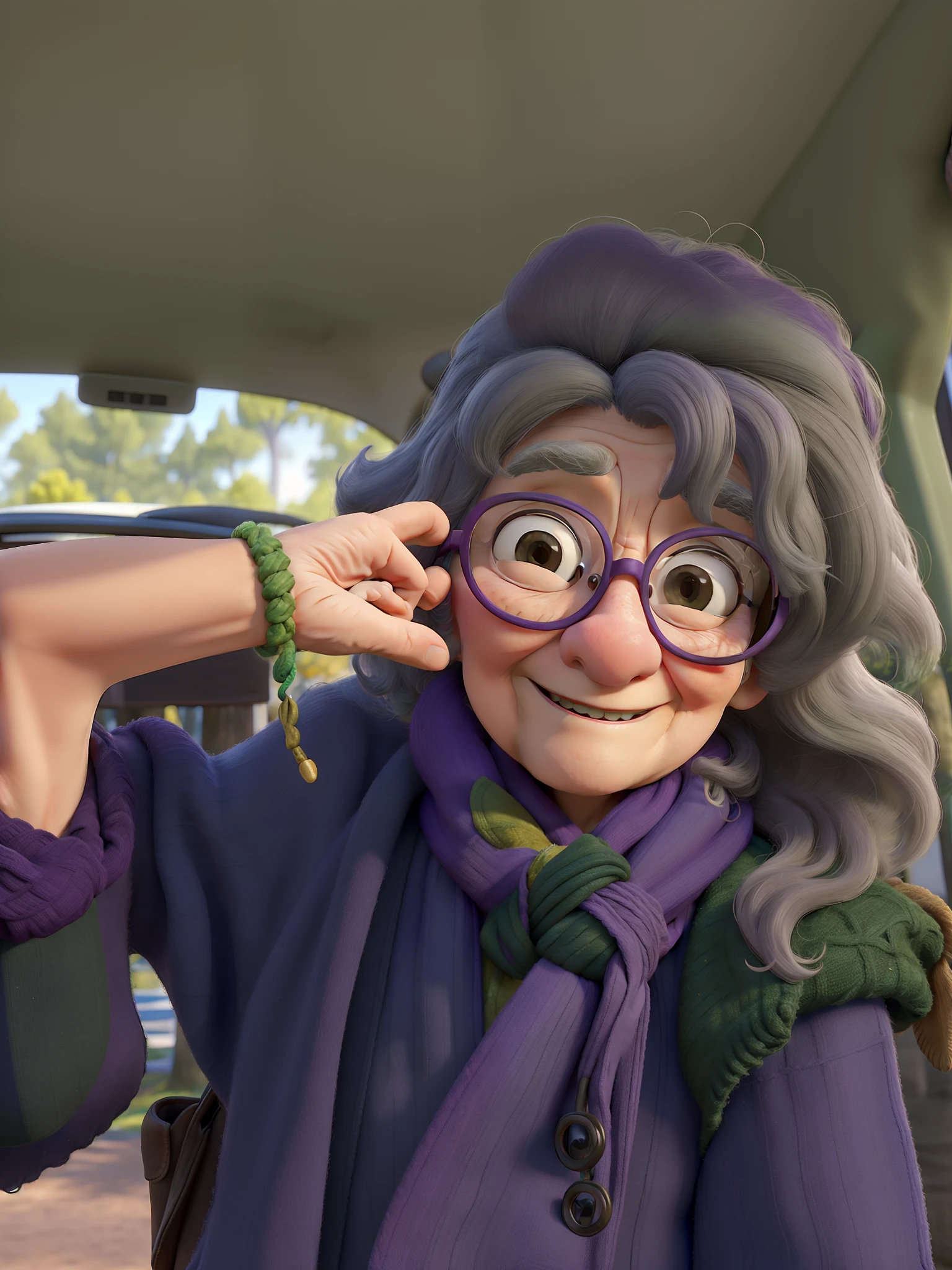 masterpiece, best quality, an old woman with glasses and a scarf on, wearing a purple coat and green scarf, standing at the park